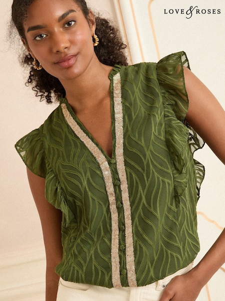 Love & Roses Khaki Green Burnout Flutter Sleeve V-Neck Blouse (F68977) | €45