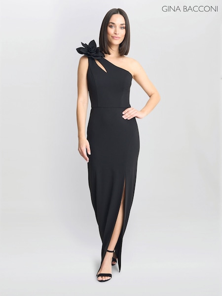 Gina Bacconi Portia One Shoulder Flower Maxi Black Dress (F68980) | $437