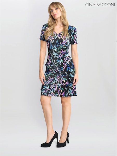 Gina Bacconi Rowan Plisse Tiered Black Dress (F68987) | €184