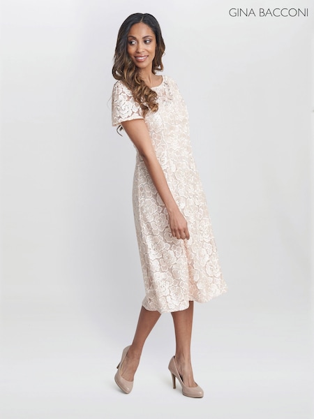 Gina Bacconi Pink Mylene Embroidered Floral A-Line Midi Dress (F68990) | €318