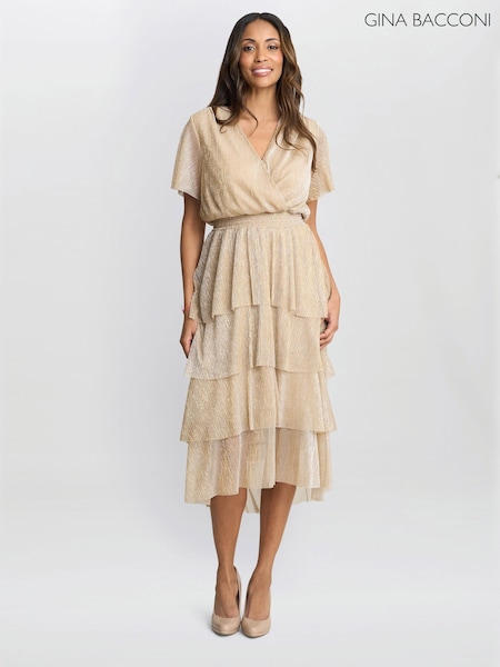Gina Bacconi Gold Cheri Metallic Knit Tiered Dress (F68998) | 1,089 QAR