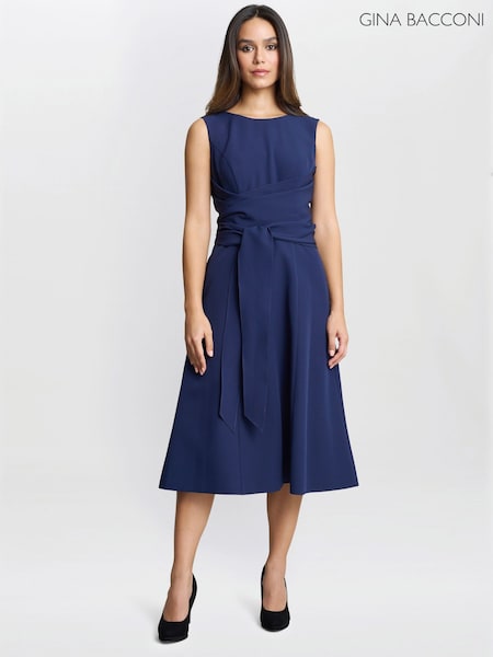 Gina Bacconi Blue Cathleen Crepe Tie Waist Dress (F69001) | €451