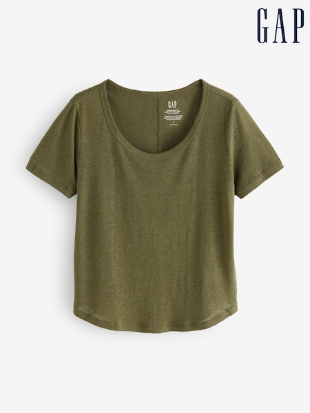 Gap Khaki Green Linen Blend Short Sleeve Scoop Neck T-Shirt (F69174) | kr357