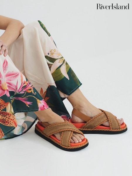 River Island Orange Raffia Cross Strap Sandals (F69325) | €57