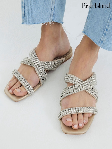 River Island Silver Embellished Twist Flat Sandals (F69331) | €51