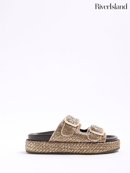 River Island Gold Raffia Flatform Double Strap Sandals (F69338) | R$ 395