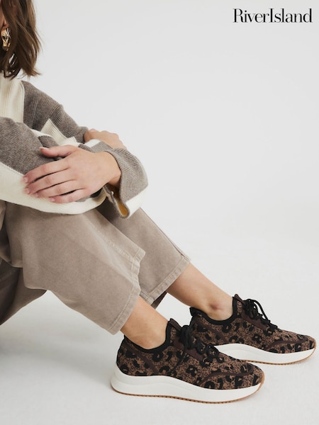 River Island Leopard Print Knit Runner Trainers (F69354) | €50