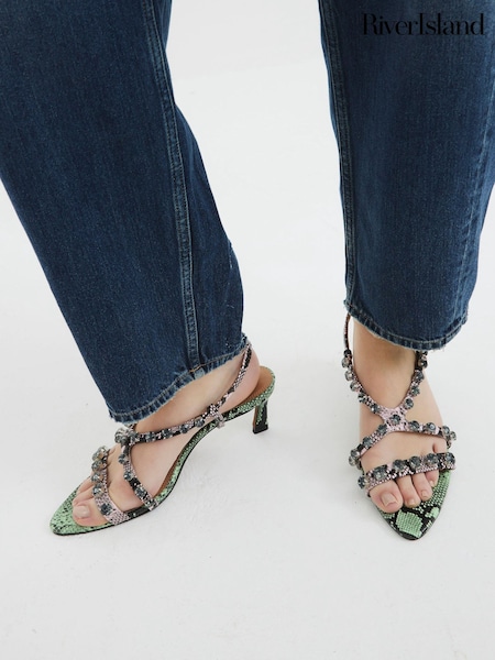 Verde - Sandale cu toc River Island cu detalii din pietre prețioase (F69360) | 492 LEI