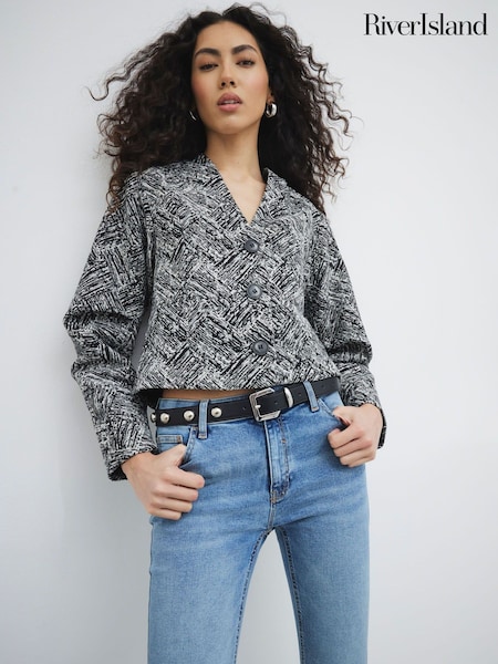 River Island Black Collarless Trophy Jacket (F69362) | AED285