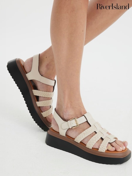 River Island Cream Wide Fit Cross Strap Weave Detail Sandals (F69389) | R$ 355