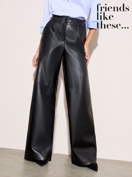 Friends Like These X Lucy Mecklenburgh Black Petite Faux Leather Tailored Wide Leg Trousers (F69409) | AED245