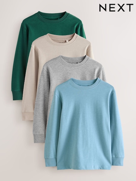 Blue/Green/Grey/Stone Plain Long Sleeve Cosy T-Shirts 4 Pack (3-16yrs) (F69567) | 99 QAR - 129 QAR