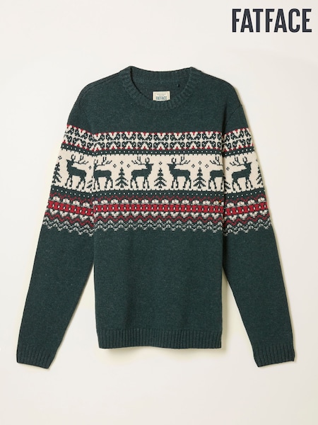 FatFace Dark Green Reindeer Fairisle Knitted Crew Jumper (F69635) | R$ 545