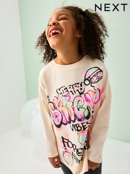 Pink Christmas Graffiti Long Sleeve Sequin Top (3-16yrs) (F69675) | €10 - €16.50