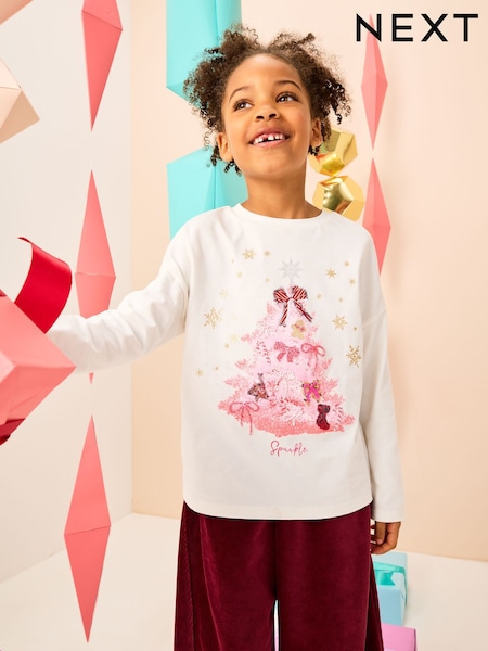 Ecru Christmas Tree Long Sleeve Sequin Top (3-16yrs) (F69692) | €14 - €20