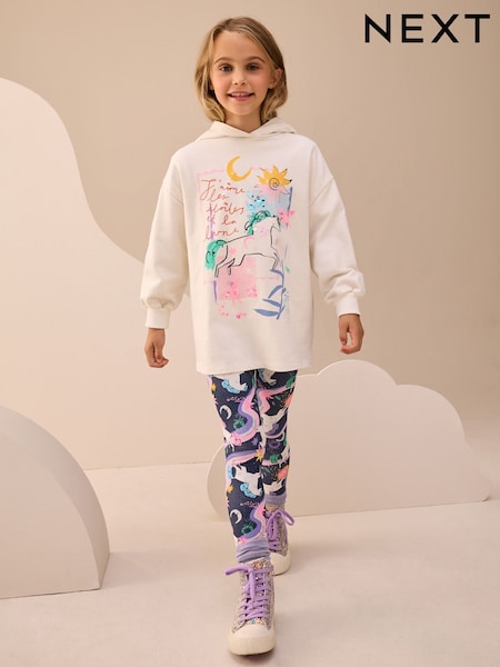 Ecru/Navy Unicorn Graphic Print Hoodie Leggings Set (3-16yrs) (F69715) | €32 - €41
