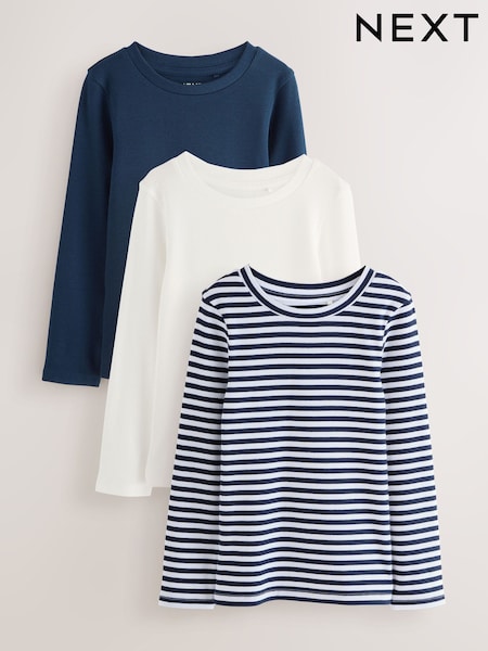Navy/White Stripe Long Sleeve Ribbed Tops 3 Pack (3-16yrs) (F69739) | 69 QAR - 99 QAR