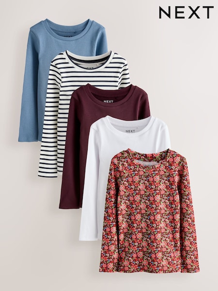 Floral Ribbed Long Sleeve Tops 5 Pack (3-16yrs) (F69747) | 119 QAR - 148 QAR