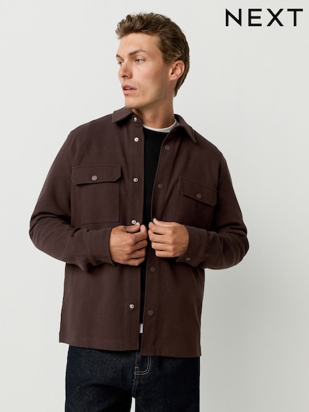 Chocolate Brown Jersey Twill Popper Shacket (F69781) | €50