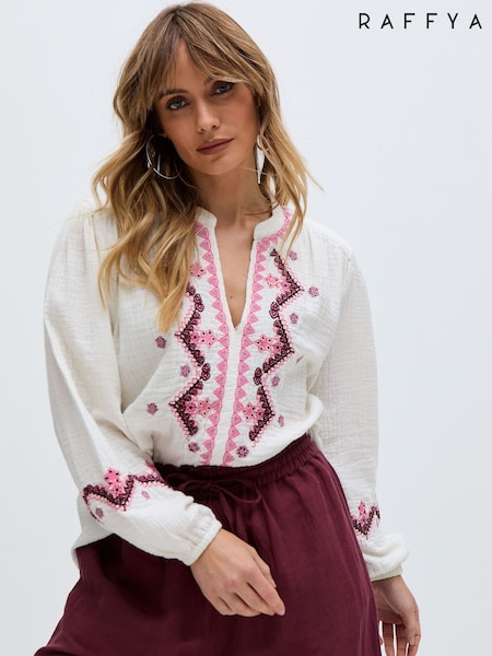 Raffya Cream 100% Cotton Dina V-Neck Embroidered Blouses (F69888) | ₪493