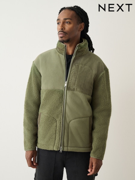 Khaki Green Cord Block Zip Through Funnel Fleece (F69892) | €62