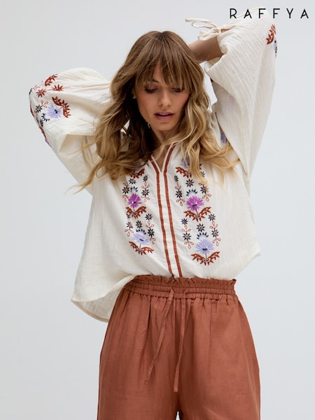 Raffya Light Cream 100% Cotton Dina V-Neck Embroidered Blouses (F69896) | ₪493