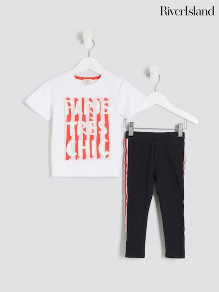 River Island White Girls Stripe City T-Shirt And Leggings Set (F70014) | R$ 140