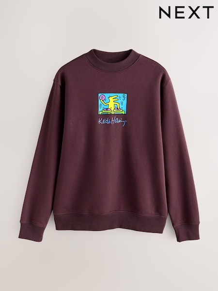 Burgundy Red Keith Haring Graphic Print License Crew Sweatshirt (F70035) | R$ 365