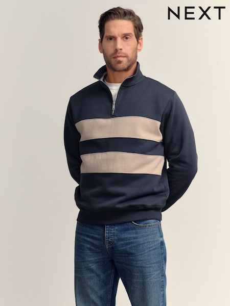 Navy Blue/Neutral Quarter Zip Colour Blocking Sweatshirt (F70056) | €42