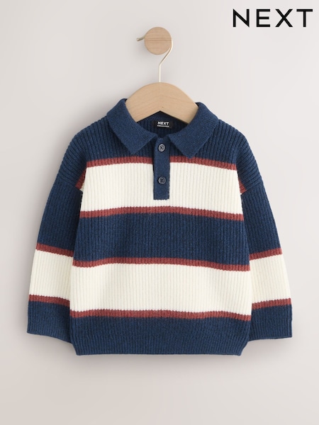 Navy Blue/Burgundy Knitted Stripe Rugby Polo Shirt (3mths-7yrs) (F70068) | 74 QAR - 84 QAR