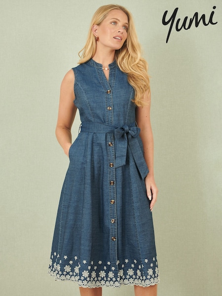 Yumi Chambray 100% Cotton Midi Embroidered Shirt Dress (F70164) | €110