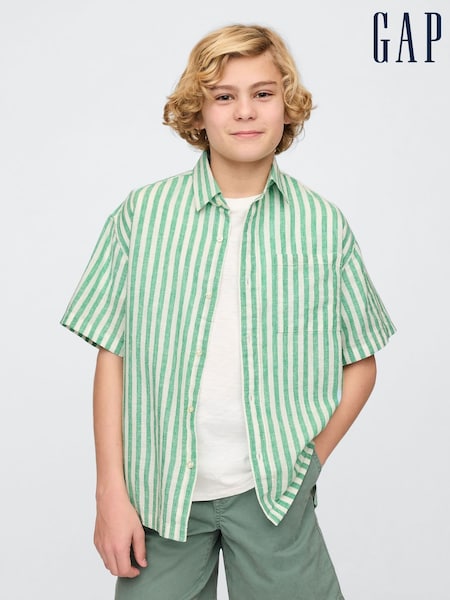 Gap Green & White Stripe Linen-Cotton Relaxed Shirt (4-13yrs) (F70167) | €33