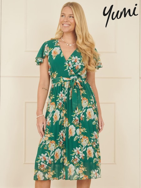 Yumi Green Floral Pleated Wrap Dress (F70173) | €79