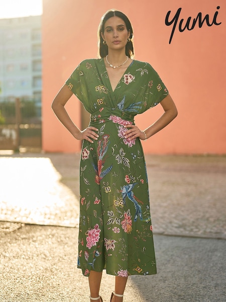 Yumi Green Viscose Bird and Floral Print Kimono Midi Dress (F70175) | €83