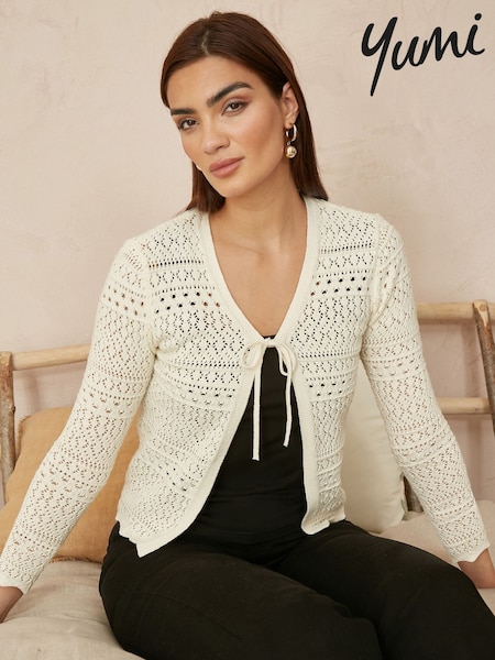 Yumi Cream Crochet Tie Front Cardigan (F70176) | ₪251