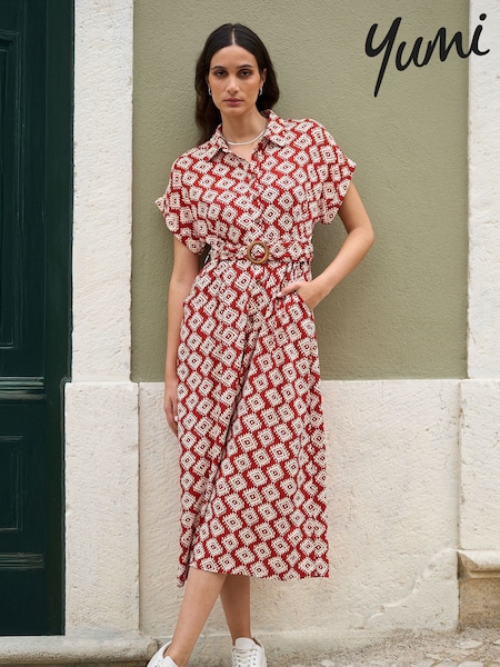 Yumi Red Viscose Midi Shirt Dress With Matching Belt (F70181) | €83