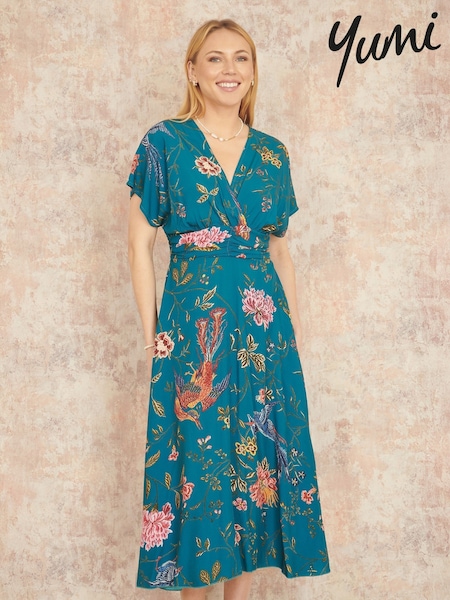 Yumi Blue Bird and Floral Print Ruched Waist Kimono Midi Dress (F70183) | $111