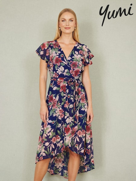 Yumi Blue Floral Wrap Midi Dress With Frill Hem (F70191) | €77