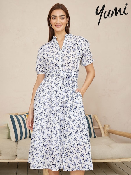 Yumi White 100% Cotton Broderie Anglaise Midi Shirt Dress (F70194) | €108