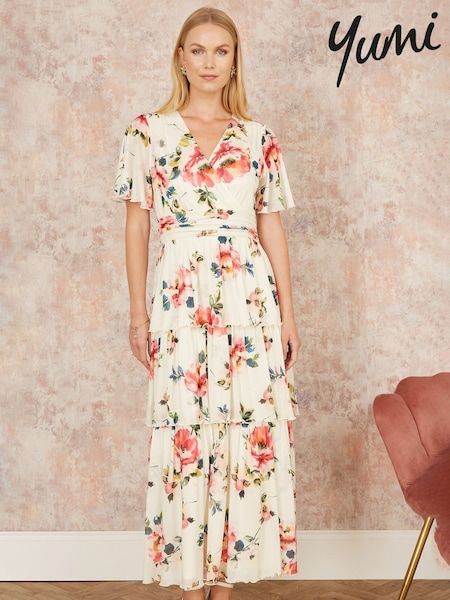 Yumi Cream Floral Mesh Tiered Maxi Dress (F70195) | €102