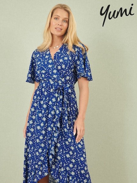 Yumi Blue Floral Wrap Dress With Frill Hem (F70199) | €77
