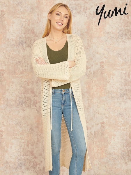 Yumi Cream Crochet Long Line 100% Cotton Cardigan With Ties Front (F70203) | €71