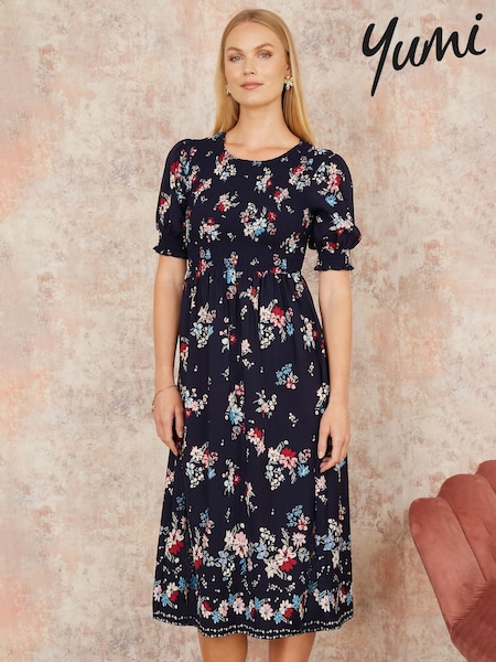 Yumi Blue Floral Ruched Midi Dress With Puff Sleeves (F70206) | €78