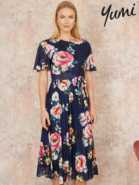 Sininen - Yumi Mesh Floral Print Midi Dress With Angel Sleeves (F70207) | €110
