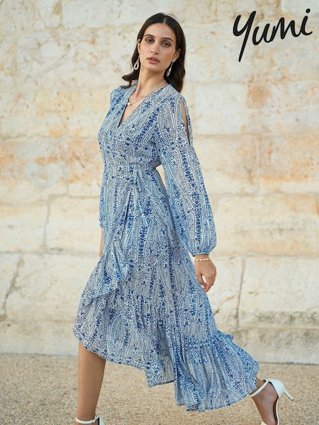 Yumi Blue Paisley Dipped Hemline Midi Dress With Open Long Sleeves (F70210) | 346 QAR