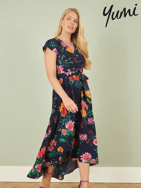 Yumi Blue Flower Print Wrap Midi Dress (F70213) | €77