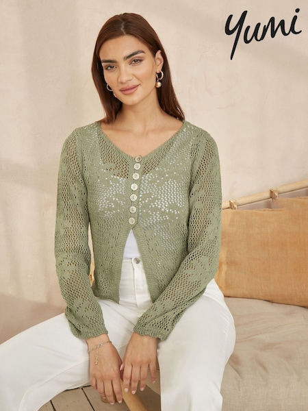 Yumi Green Flower Crochet Button Up 100% Cotton Cardigan (F70217) | 2,583 UAH