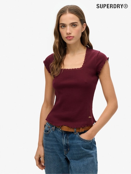 Violet - Superdry Essential Square Neck Short Sleeve 100% Cotton T-Shirt (F70261) | 186 LEI