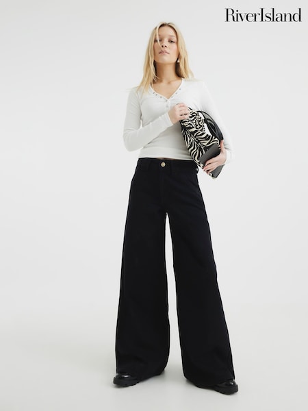 River Island Black Palazzo Wide Leg 100% Cotton Jeans (F70302) | 395 LEI