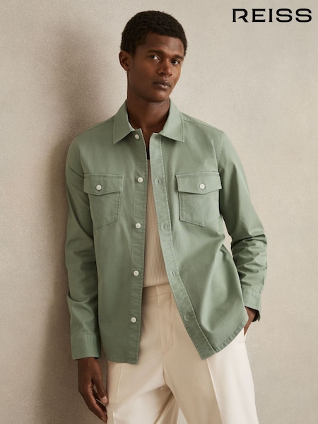 Reiss Sage Green Malaki Cotton Twill Twin Pocket Overshirt With Stretch (F70351) | €170